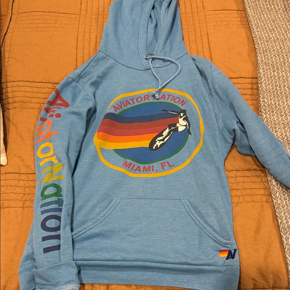 Aviator Nation Blue Hoodie with Rainbow Logo - Miami